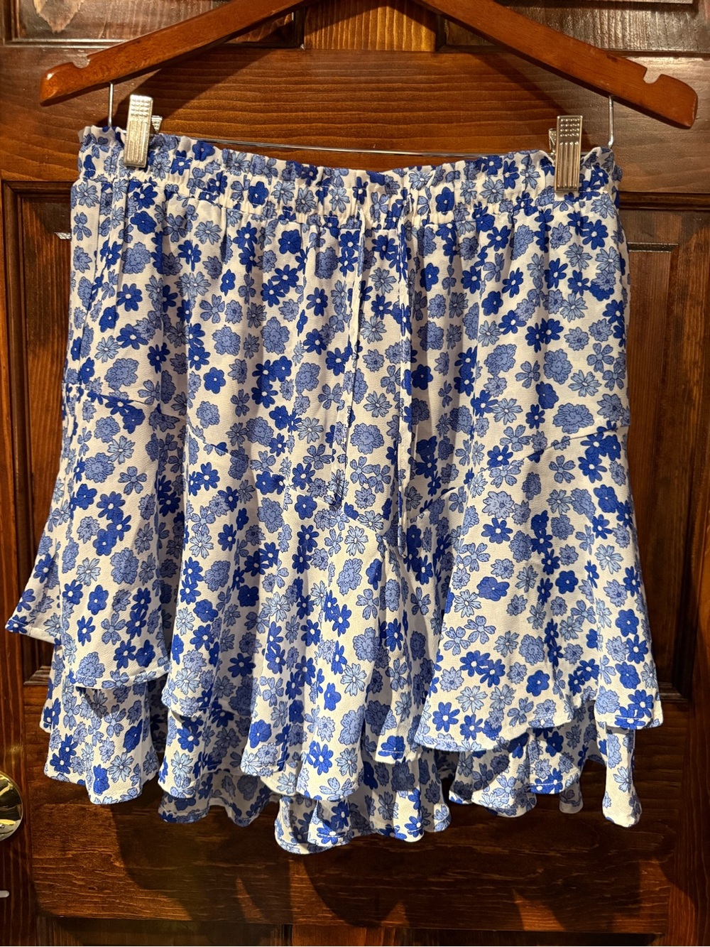 Blue Floral Ruffle Skort with Elastic Waist